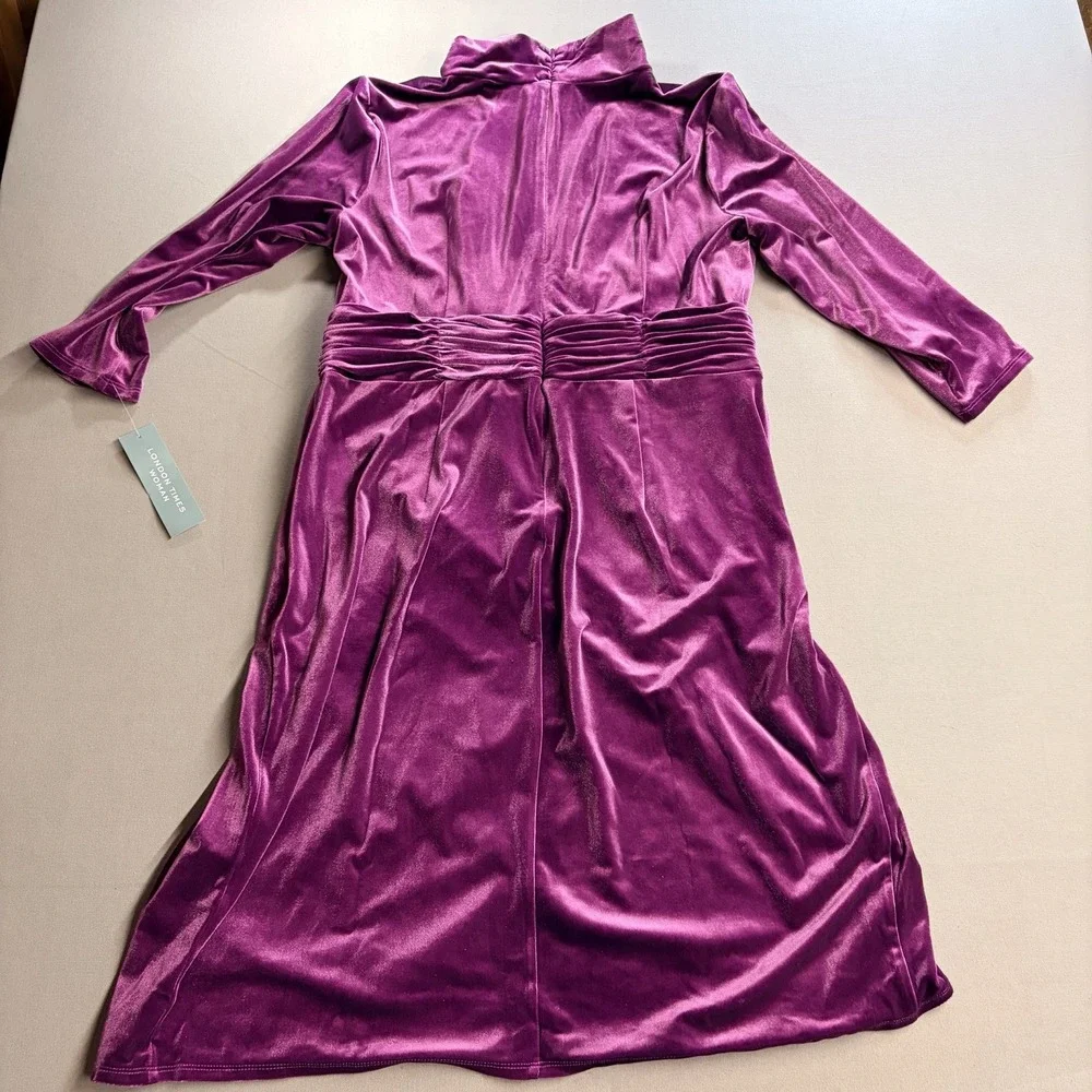London Times Woman 14W Purple Velvet Mock Neck Ruched Tulip Dress NWT T6429W